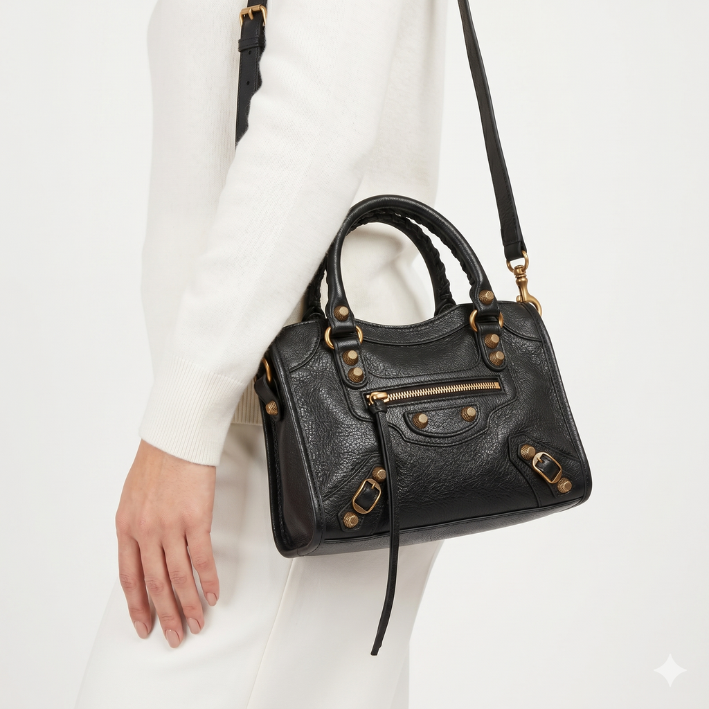 Balenciaga Le Cagole Black Leather Moto Bag with Gold Hardware 🖤👜