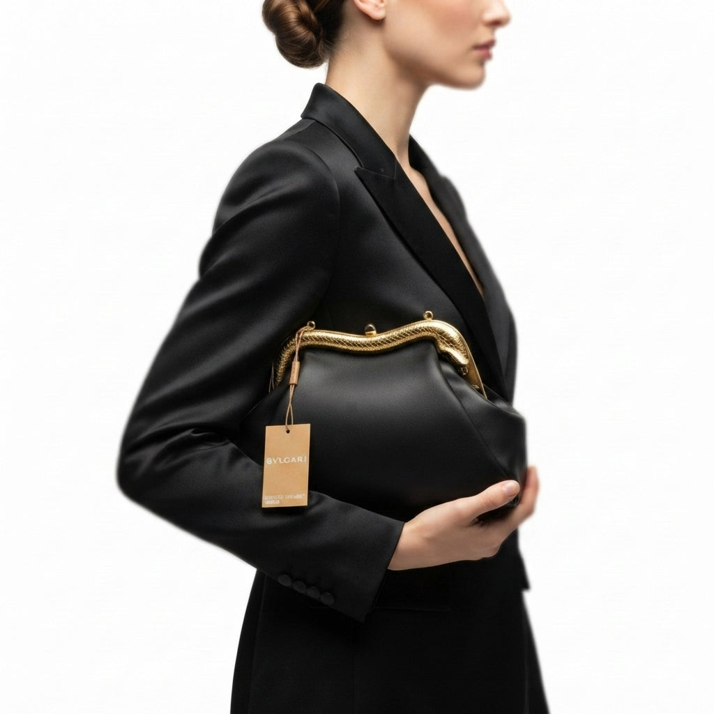 Bvlgari Black Clutch with Signature Gold Tone Snake Head Clasp