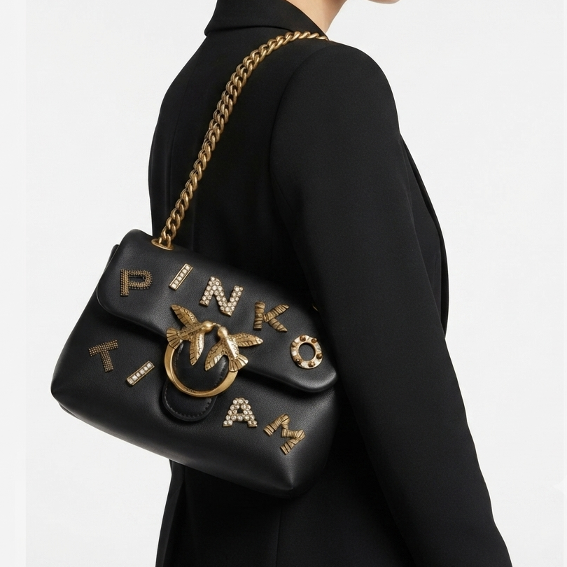 Pinko Embellished Bird Logo Shoulder Bag with Pearl Accents ✨👜