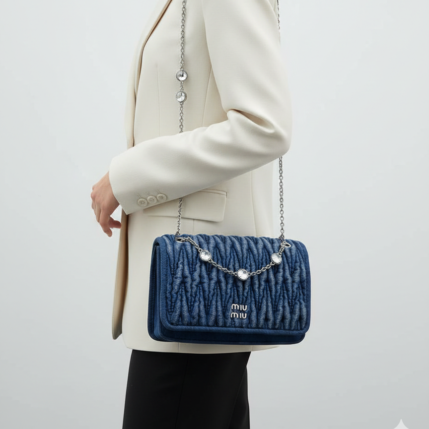 Miu Miu Matelassé Denim Crystal Shoulder Bag 💎🧵✨