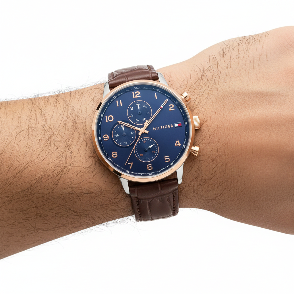 Tommy Hilfiger Men's Navy Dial Brown Croc-Embossed Leather Watch 💙🐊⌚️