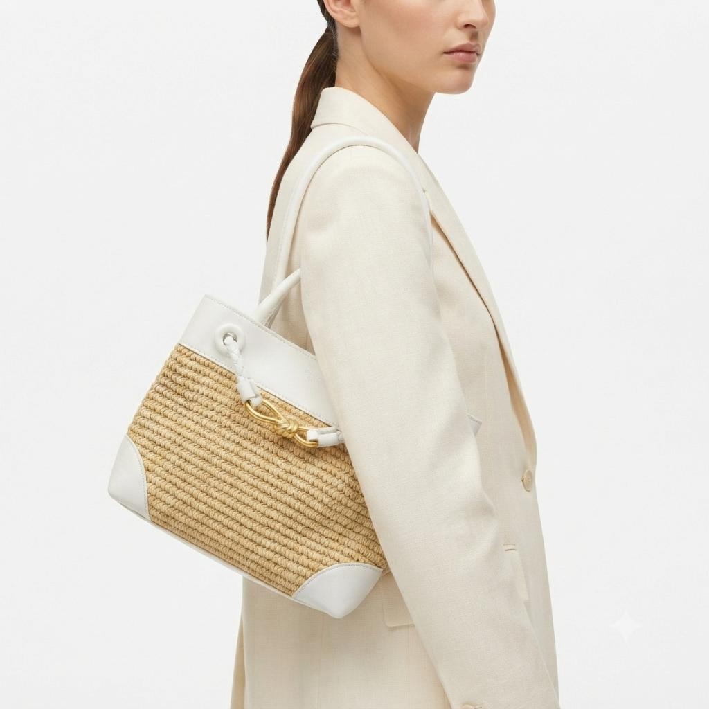 Bottega Veneta Straw & Leather Woven Handbag with Gold Hardware 👜✨