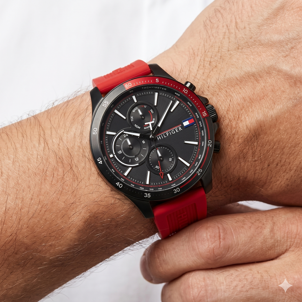 Tommy Hilfiger Black & Red Watch ⌚🔴⚫