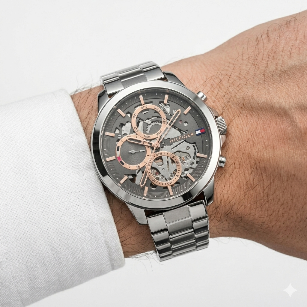 Tommy Hilfiger Silver & Black Stainless Steel Men's Watch ⌚⚫🔩