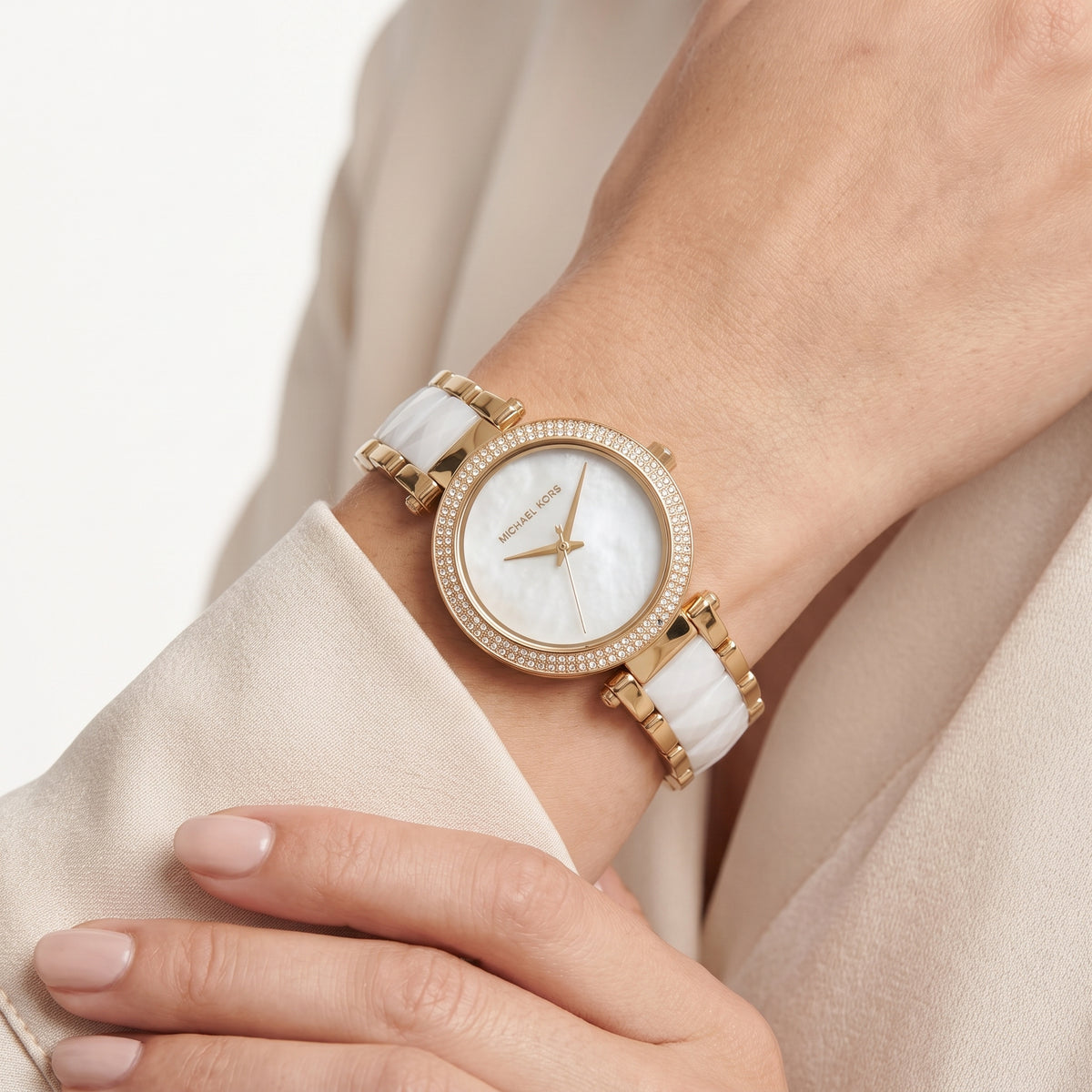 Michael Kors MK6400 Gold Tone and White Ceramic Crystal Watch