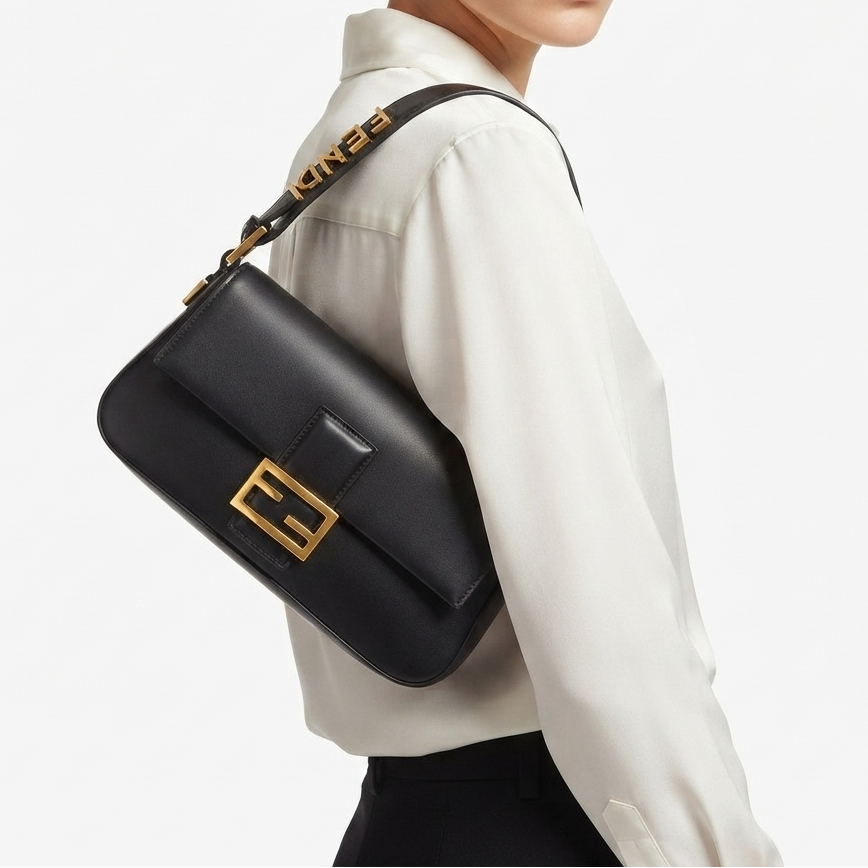 Fendi Signature Logo Shoulder Bag with Gold Hardware