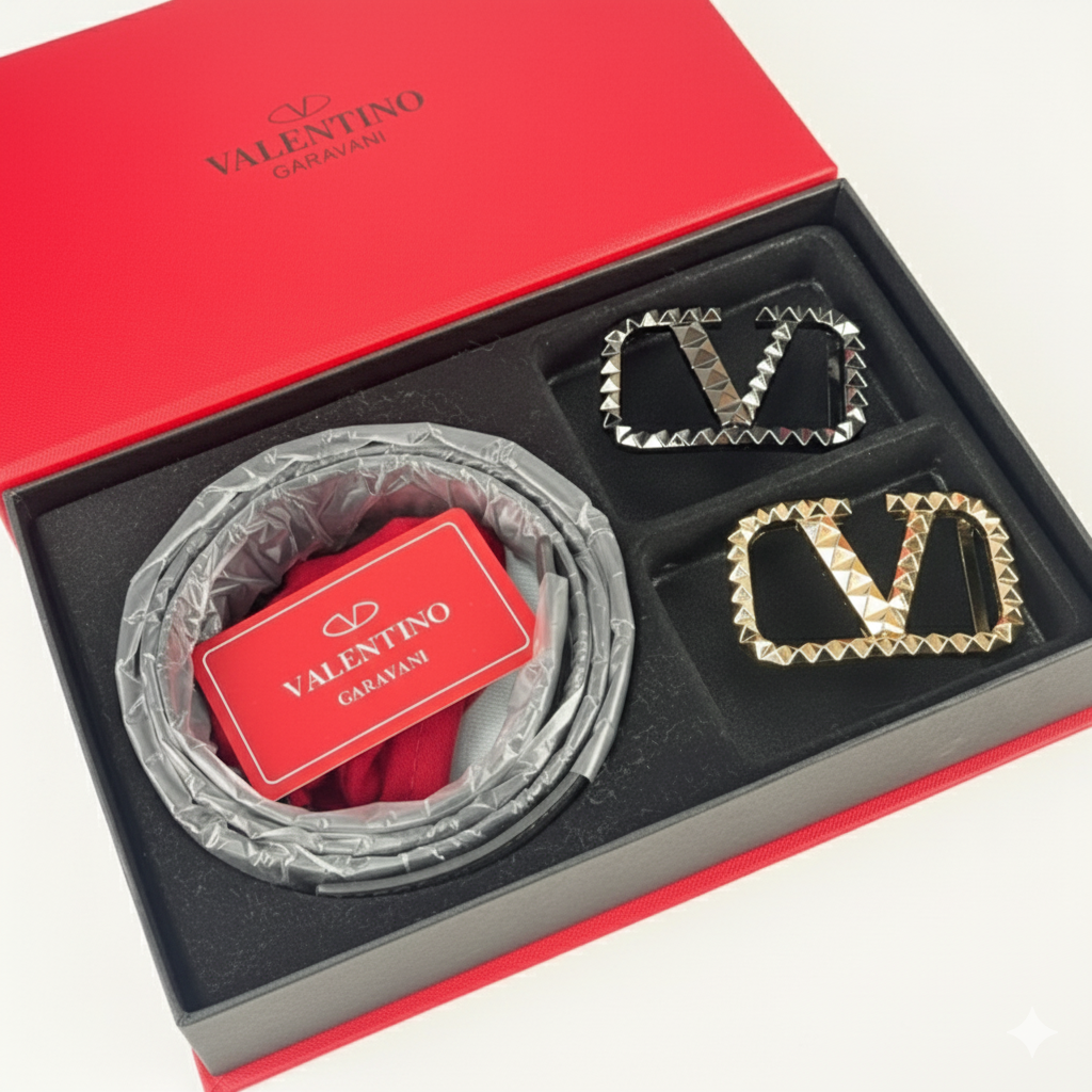 Valentino Garavani Reversible Belt Set with Iconic VLogo and Rockstud Buckles 🖤✨🌟