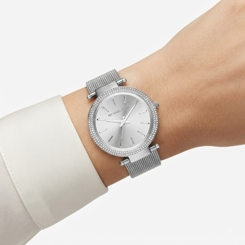 Michael Kors Silver Tone Crystal Bezel Mesh Watch