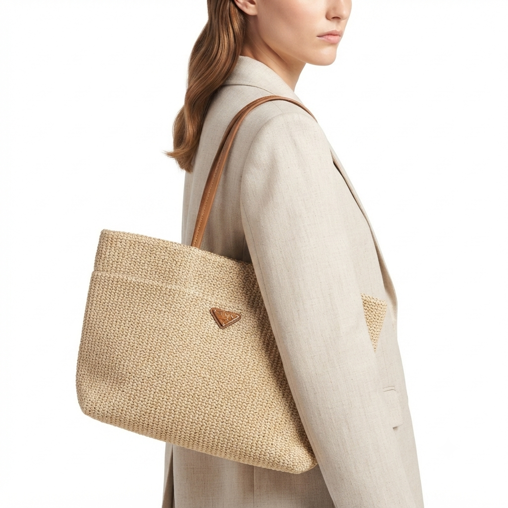 Prada Woven Straw Tote with Tan Leather Handles