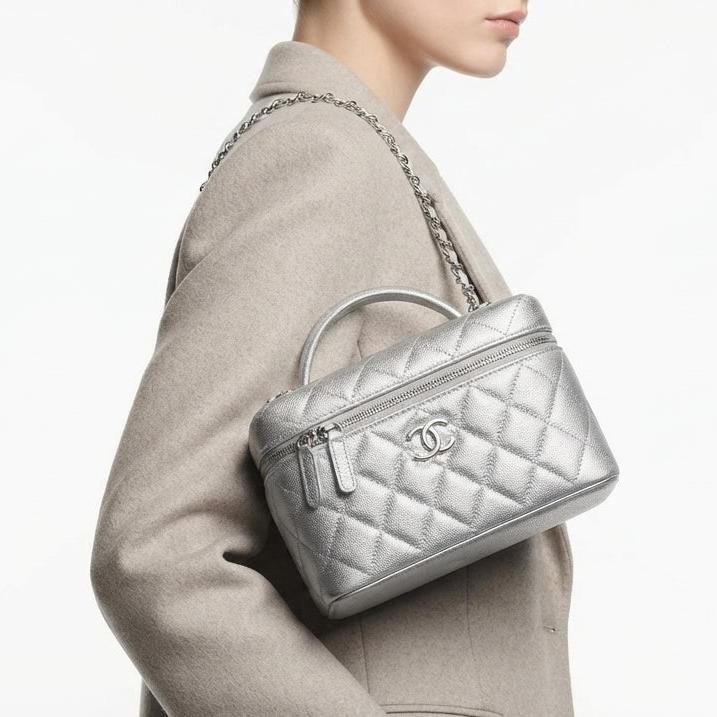 Chanel Quilted Caviar Leather Vanity Case with Silver Chain