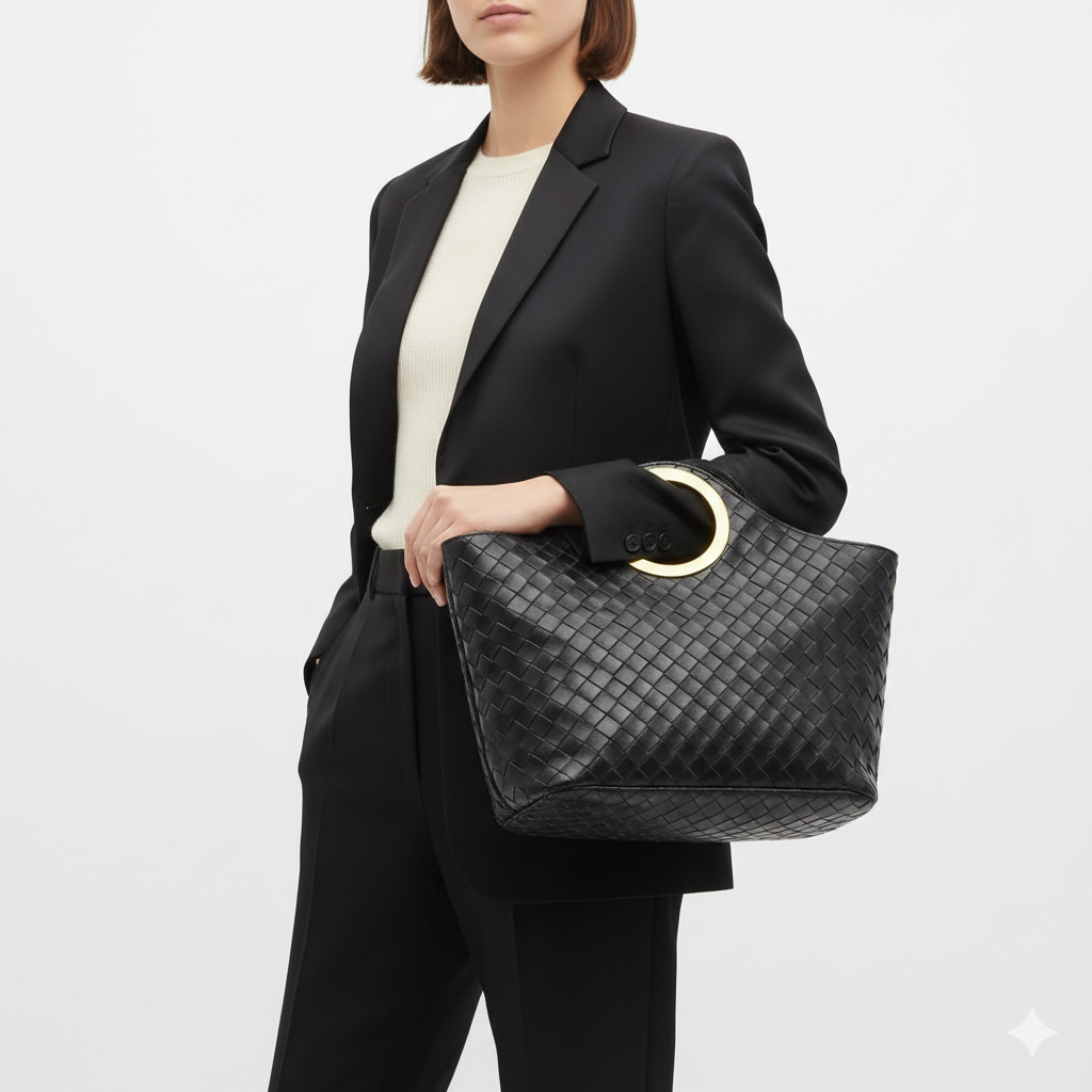 Bottega Veneta Intrecciato Tote Bag with Gold Ring Handle 👜✨🖤