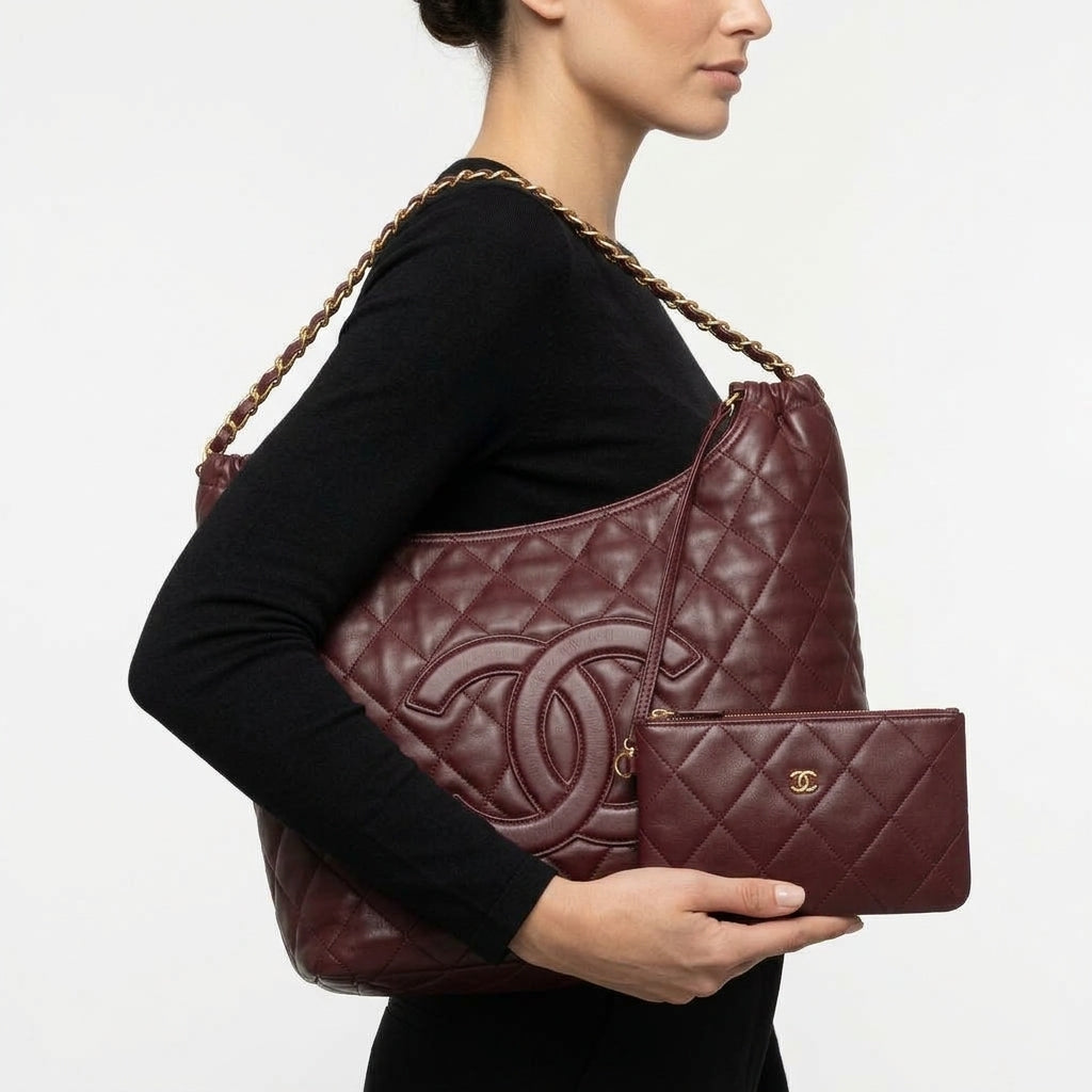 Chanel Quilted Microfiber Leather Shoulder Bag with Matching Pouch