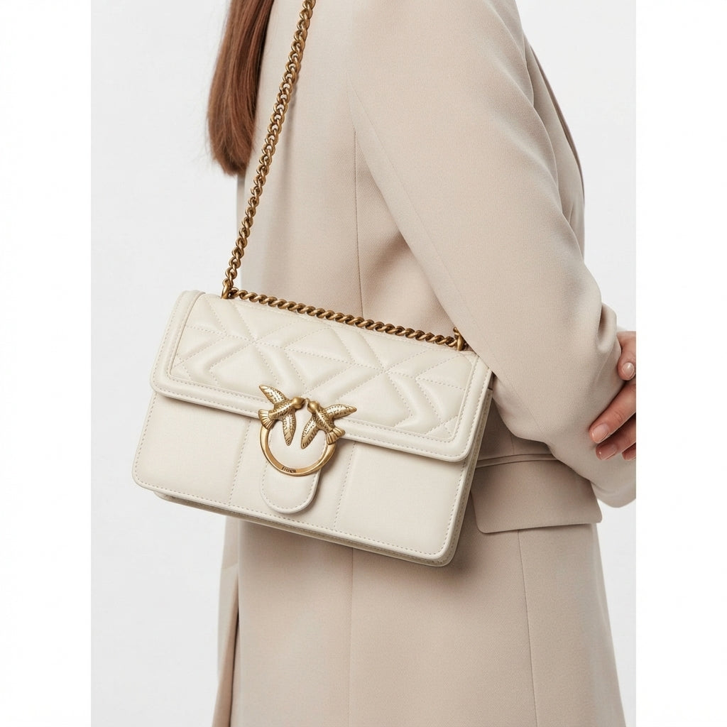 PINKO Large Quilted Shoulder Bag with Gold Tone Bird Hardware