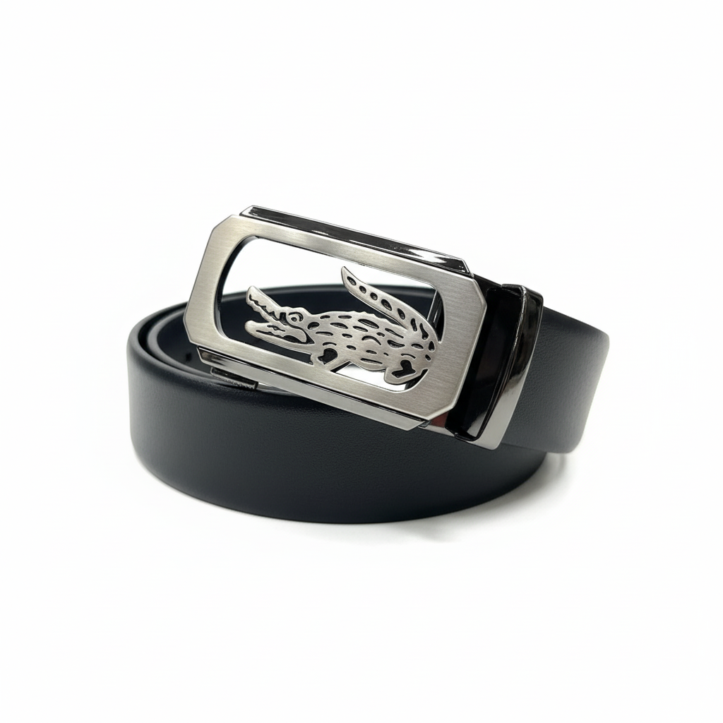 Lacoste Style Black Leather Ratchet Belt with Signature Crocodile Buckle 🐊⚫✨