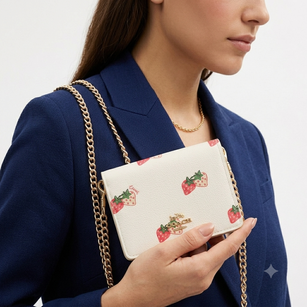 Coach Strawberry Print Chain Wallet in White and Pink 🍓👜