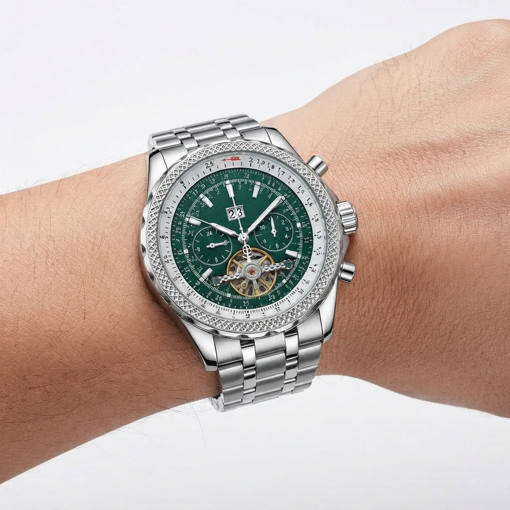 Mechanical Chronograph Watch with Open Heart Dial and Link Bracelet
