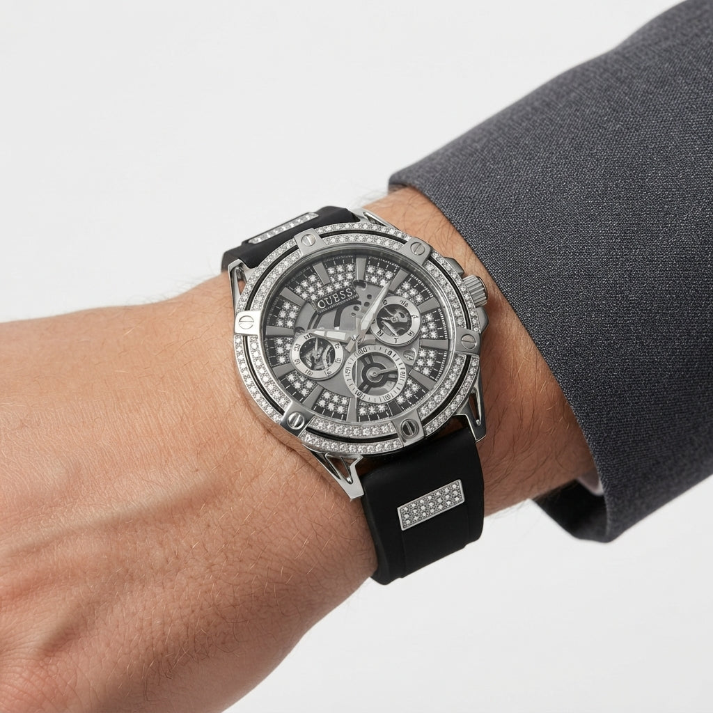 Guess Men's Crystal Bezel Chronograph Watch with Black Rubber Strap