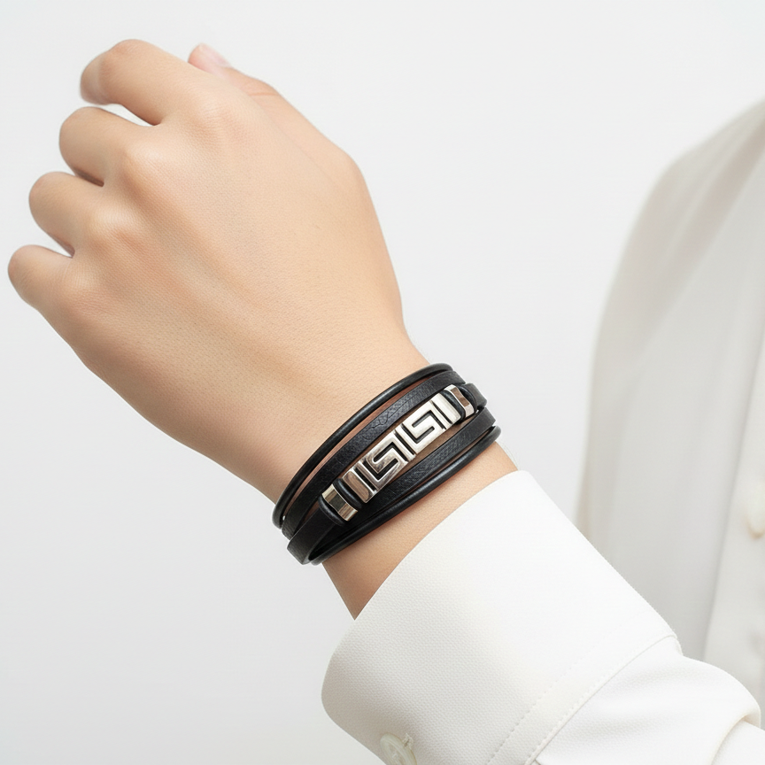 CK Classic Stainless Steel Greek Key Leather Bracelet ⛓️👔✨