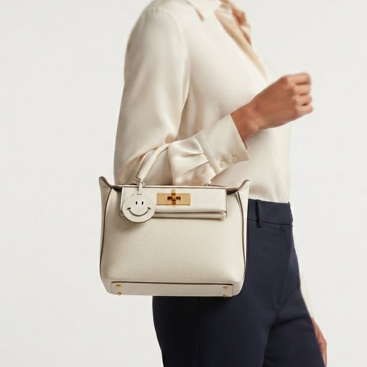 Elegant Off-White Genuine Leather Handbag with Gold Hardware 👜✨