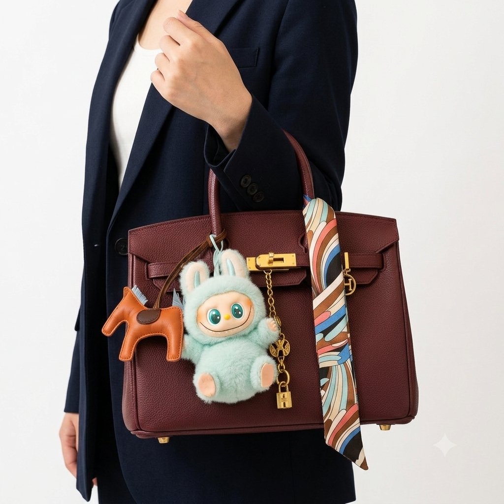 Elegant Hermes Style Handbag with Playful Labubu Doll Charm 👜✨