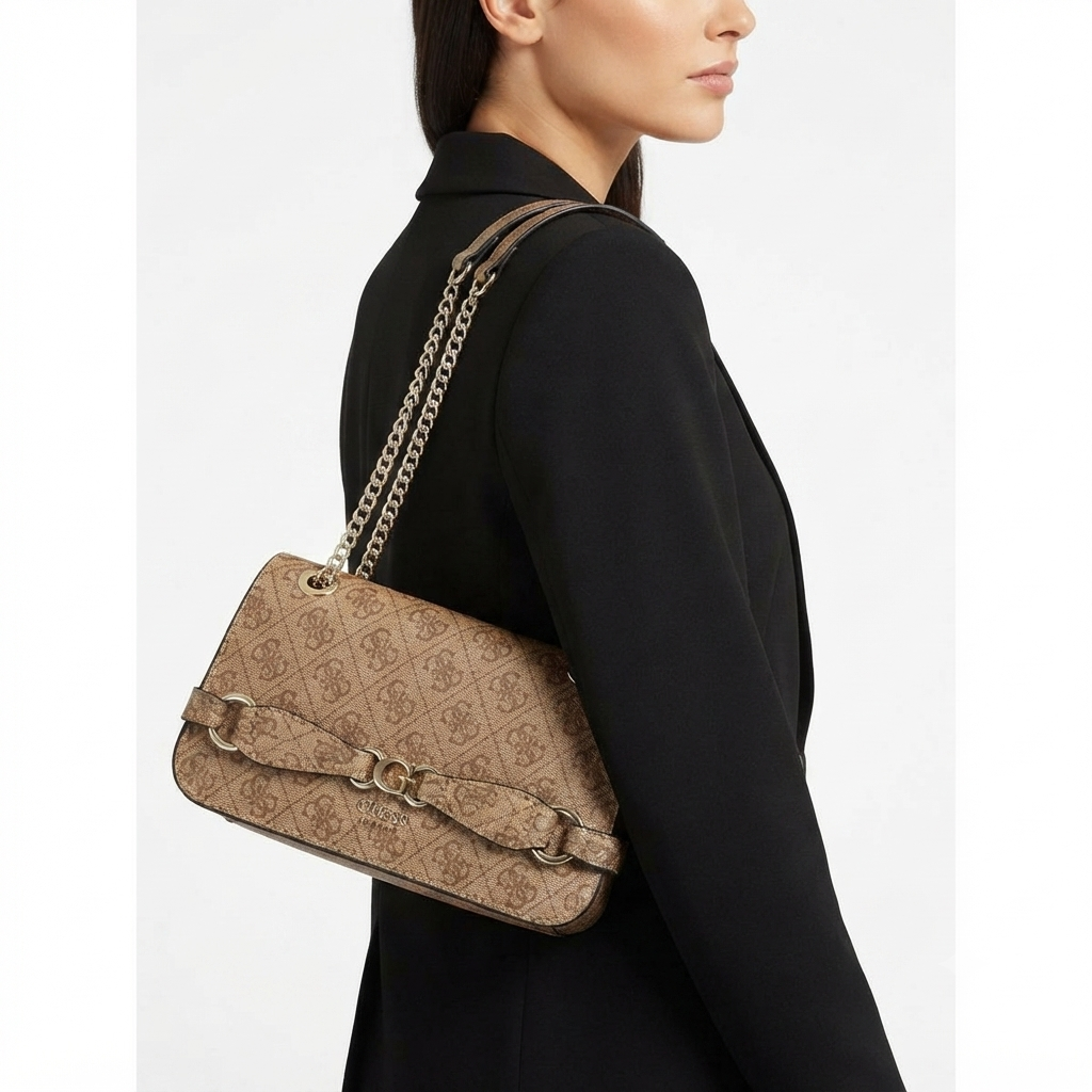 Guess Monogram Print Shoulder Bag with Gold-Tone Chain 👜✨
