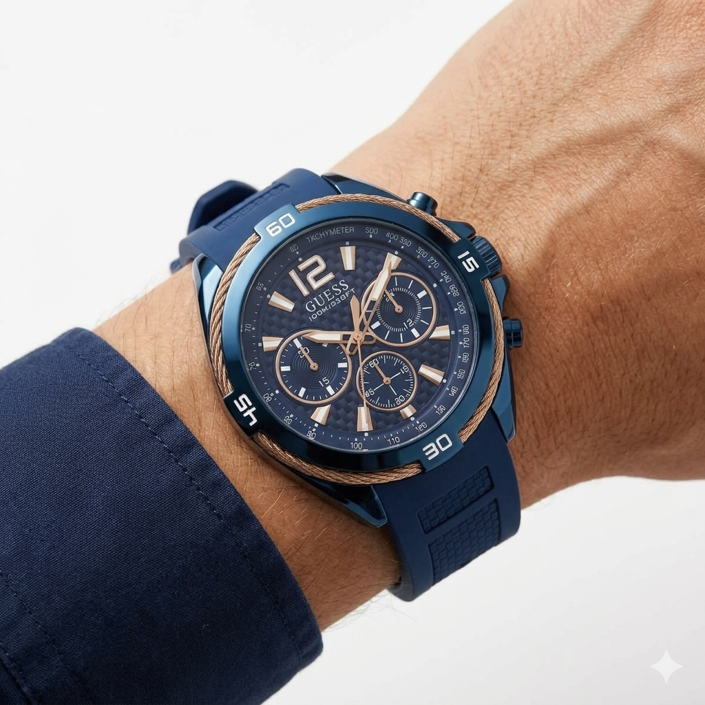 GUESS Men's Blue Multi-Function Sport Watch with Rose Gold Accents ⌚💙⚓