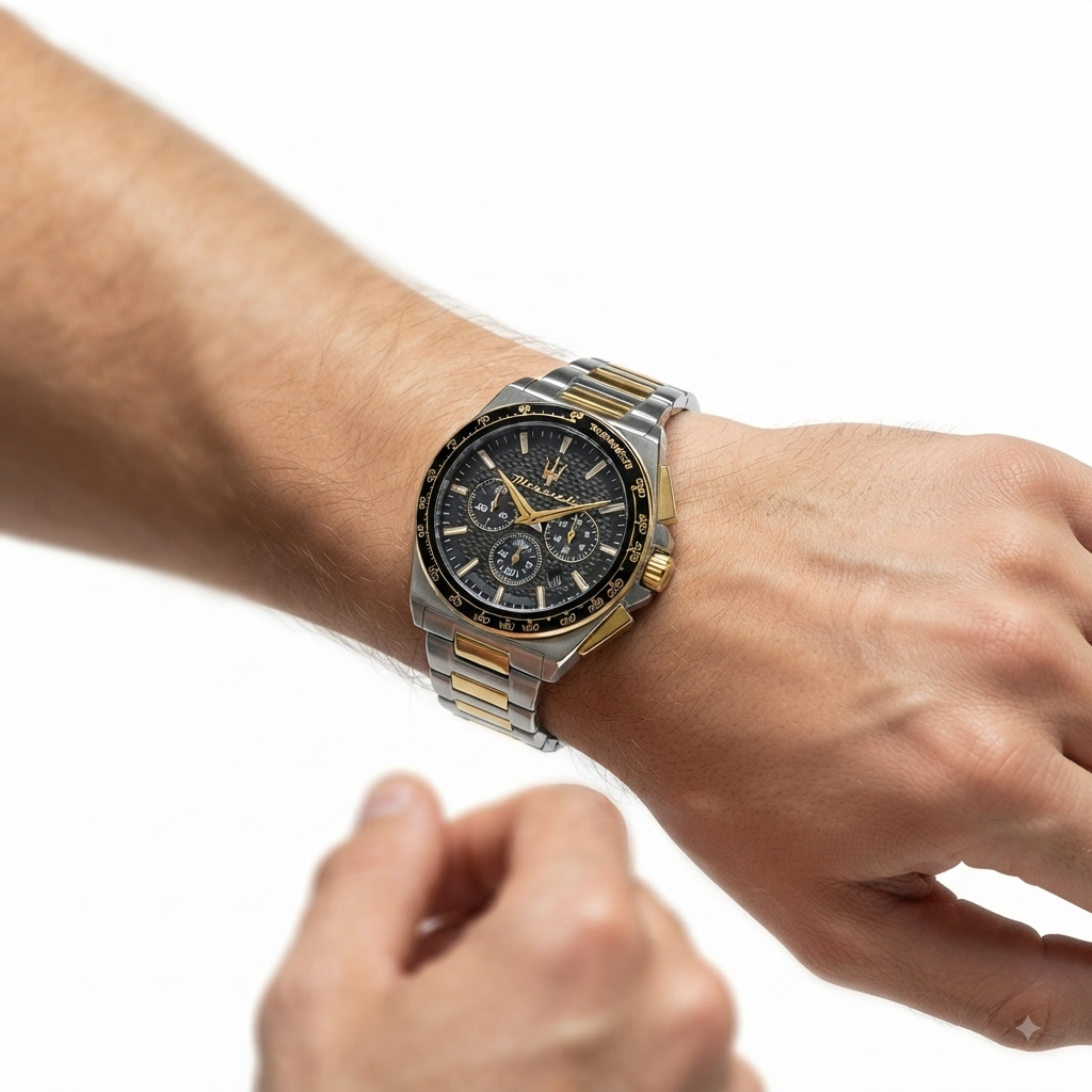 Maserati Chronograph Black Dial Gold Accent Steel Watch