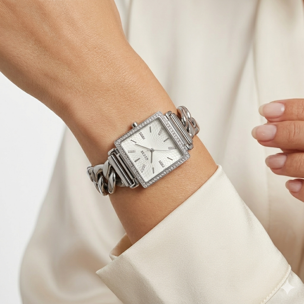Guess Square Crystal Bezel Chain-Link Women's Watch ⌚✨💠