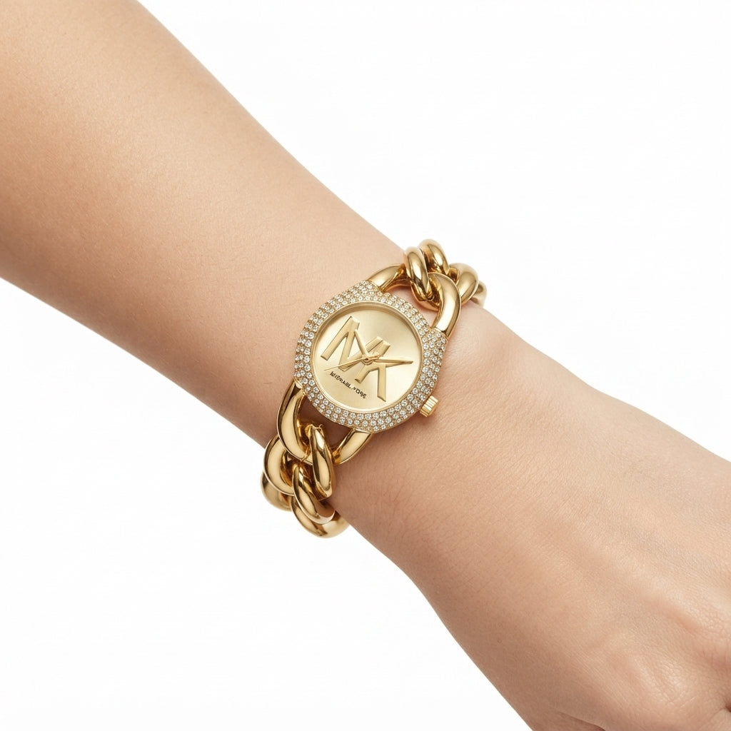 Michael Kors Gold Tone Crystal Embellished Chain Link Watch