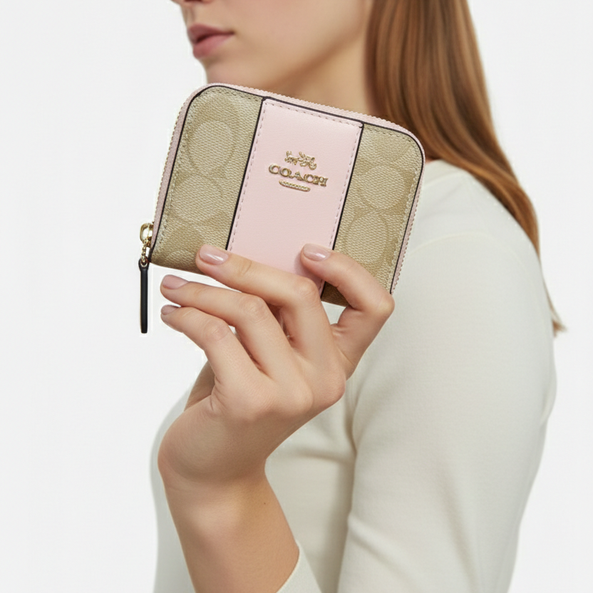 Coach Signature Canvas Big Wallet , Small Wallet and Card Case Set in Khaki/Pink 🌸👜✨