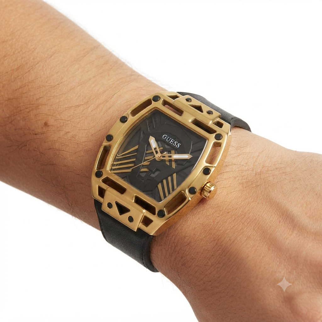 Guess Gold and Black Architectural Skeleton Watch