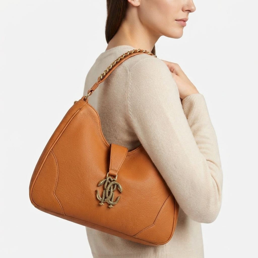 Roberto Cavalli Tan Leather Handbag with Signature Snake Hardware