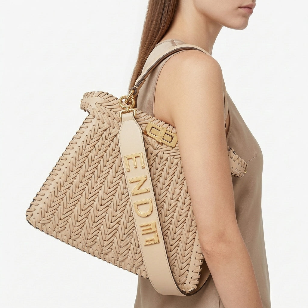 Fendi Woven Beige Handbag with Branded Strap
