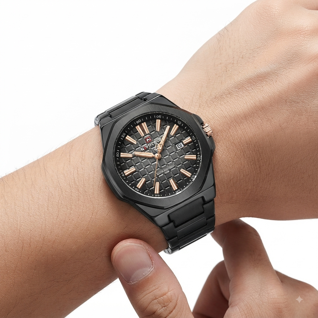 NAVIFORCE Textured Dial Black Stainless Steel Rose Gold Accent Watch