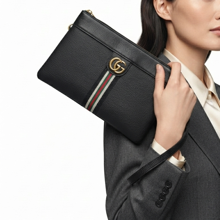 Gucci Black Leather Pouch with Signature Web and Gold Hardware
