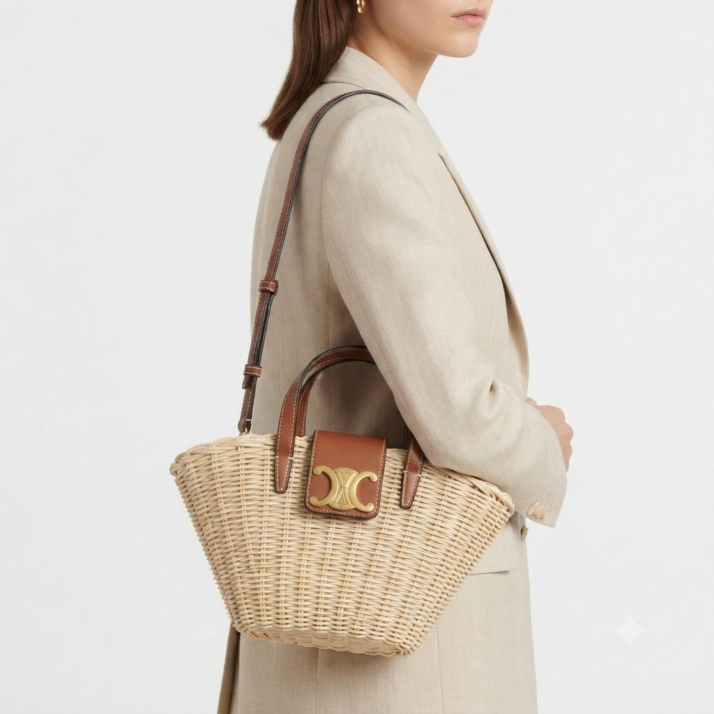 Celine Wicker Basket Bag with Gold Tone Logo Hardware