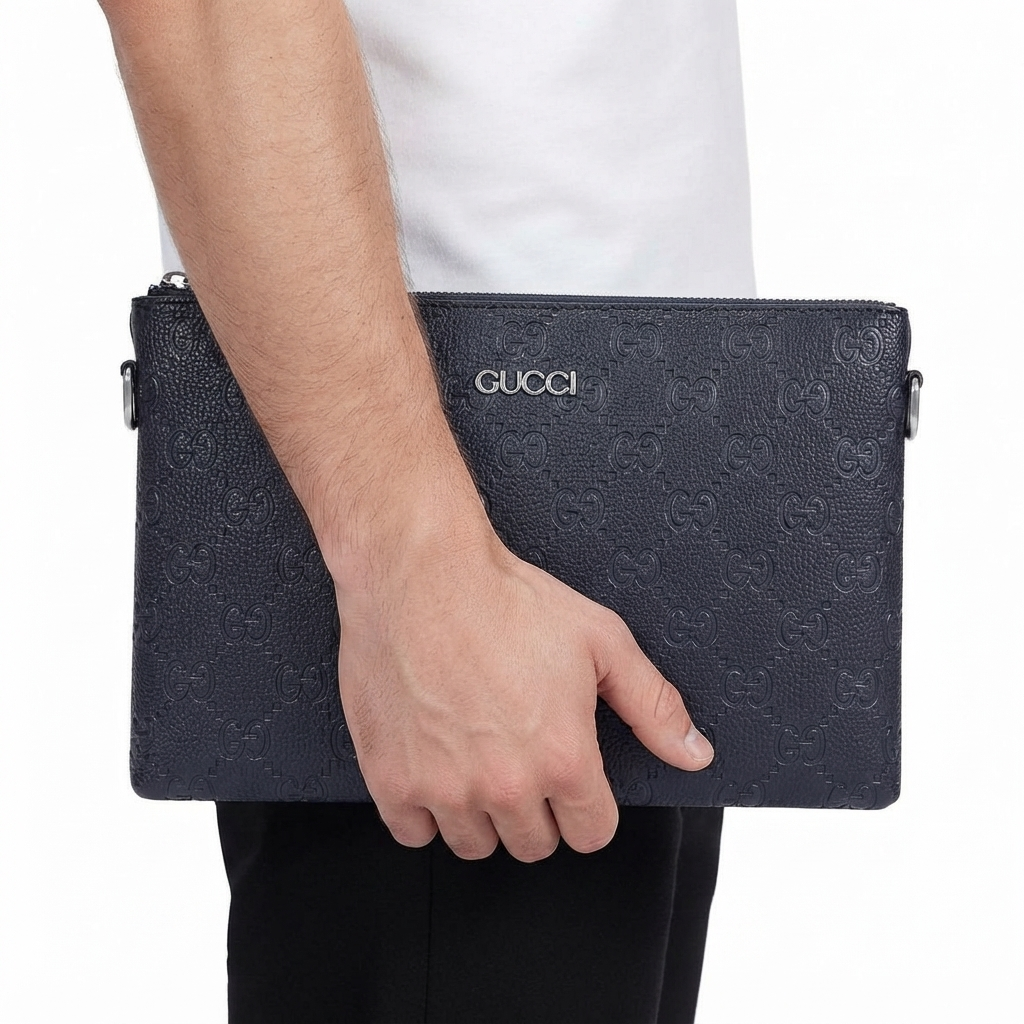 Gucci Black Leather Embossed GG Monogram Clutch Bag