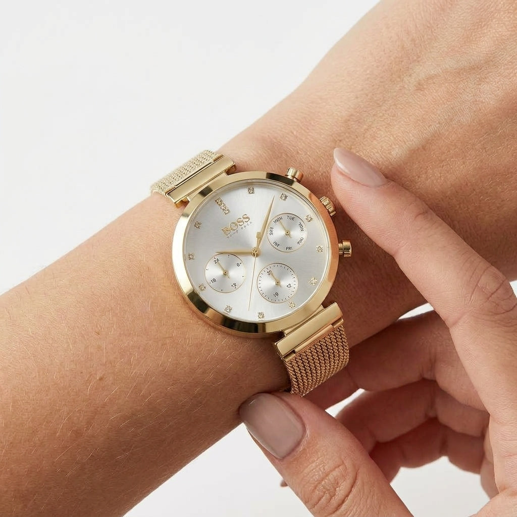 Hugo Boss Women Gold Tone Crystal Mesh Strap Multi Function Watch