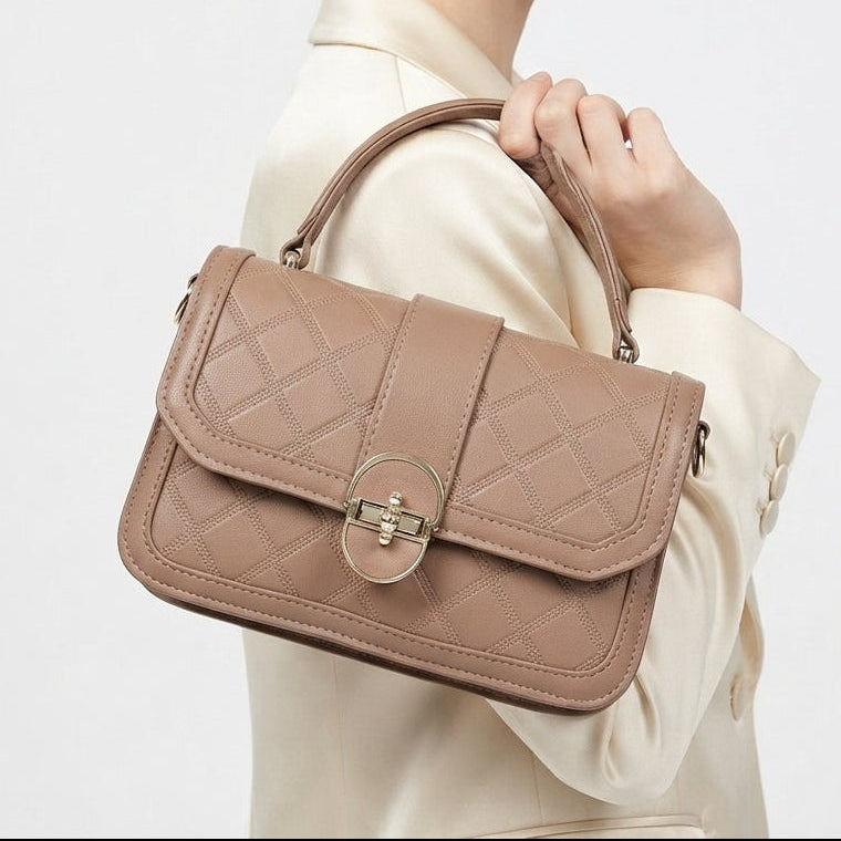 Elegant Quilted Top Handle Crossbody with Gold Tone Lock