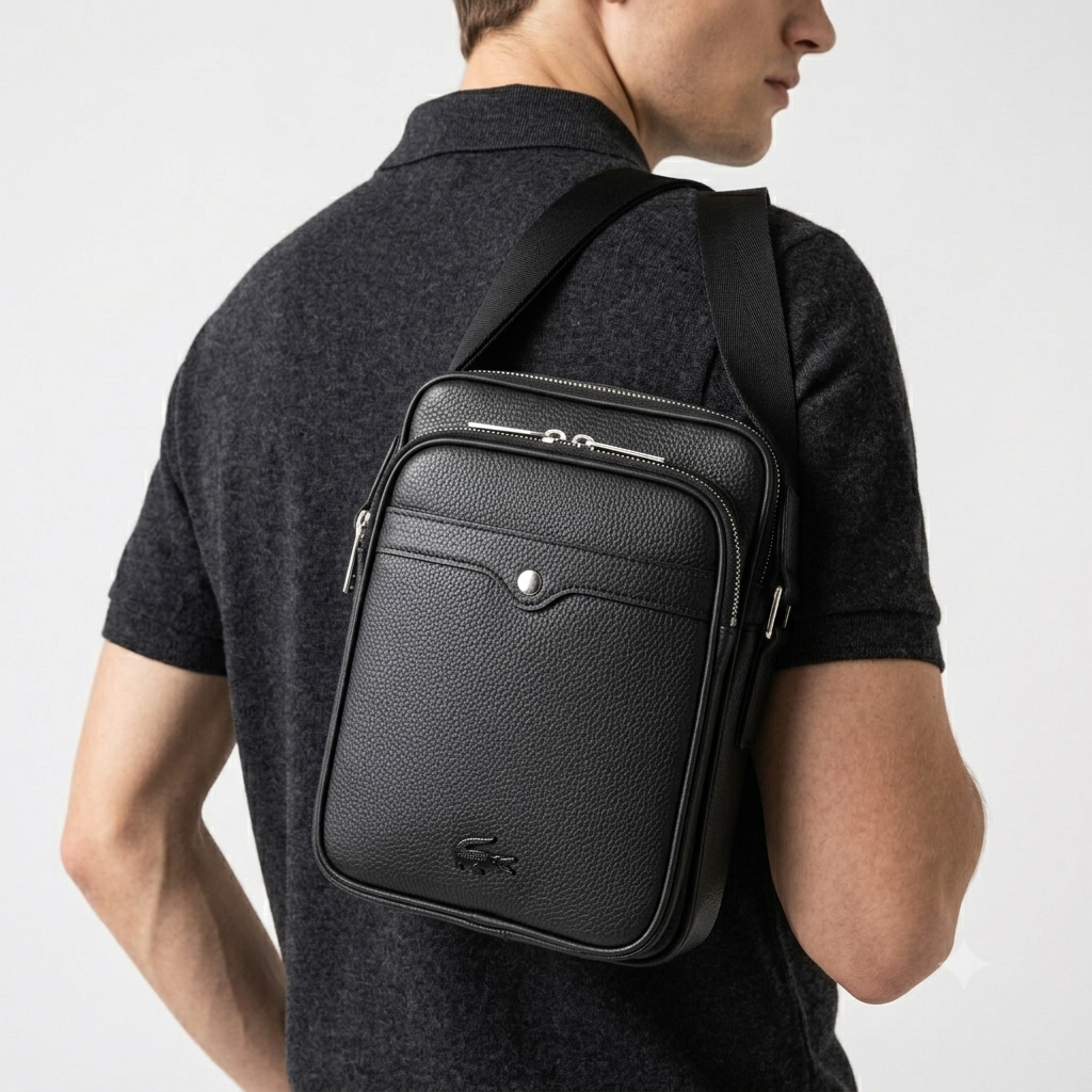 Lacoste Textured Leather Crossbody Bag in Classic Black 🐊💼