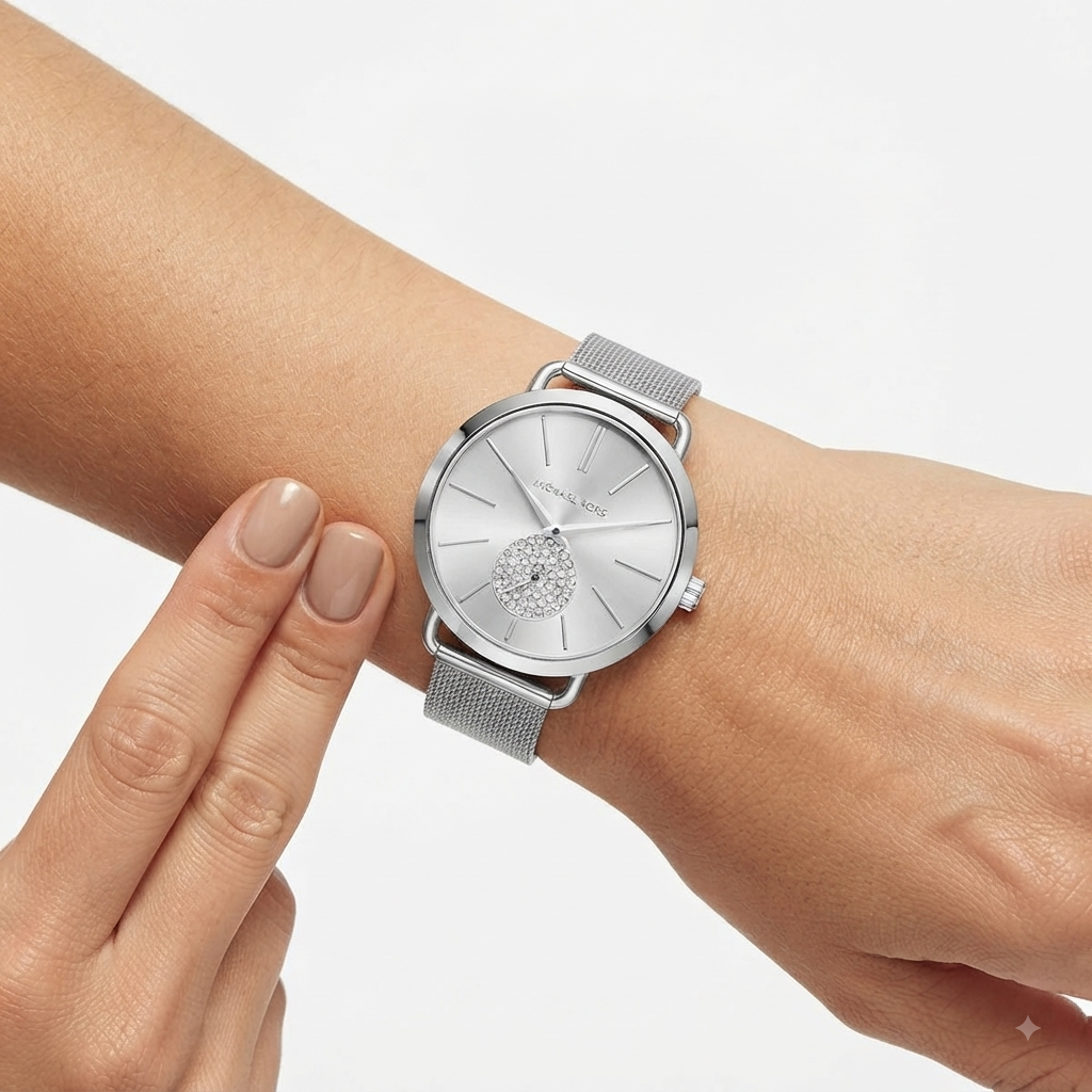 Michael Kors Silver Mesh Watch with Crystal Embellished Sub-Dial