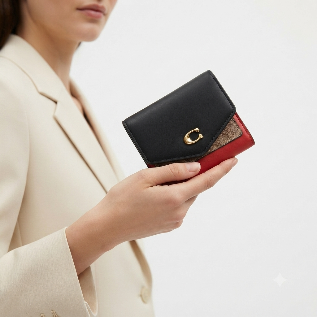 Coach Signature Monogram Compact Leather Wallet in Red & Black 👜✨
