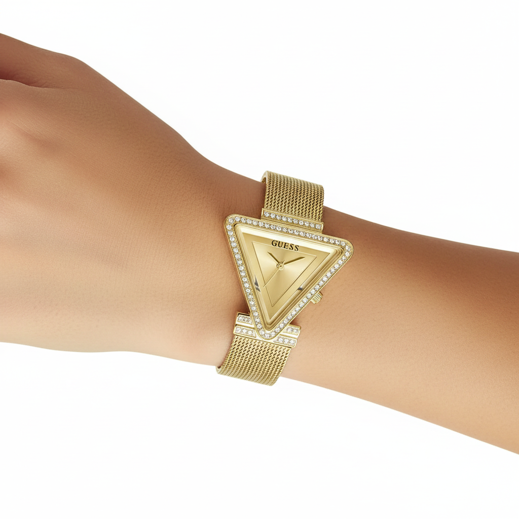 GUESS Gold-Tone Triangle Crystal Mesh Women's Watch ✨💛🔺