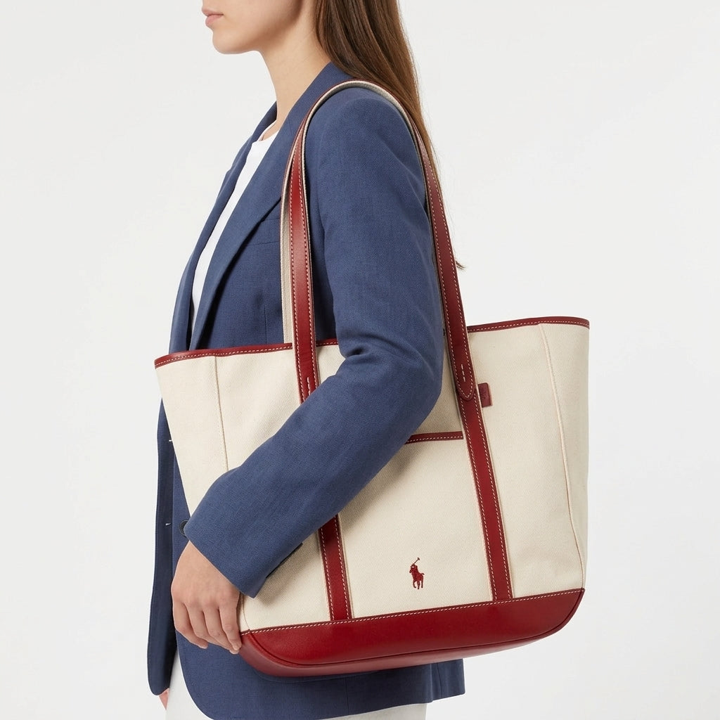 Polo Canvas and Leather Tote Bag in Beige and Red