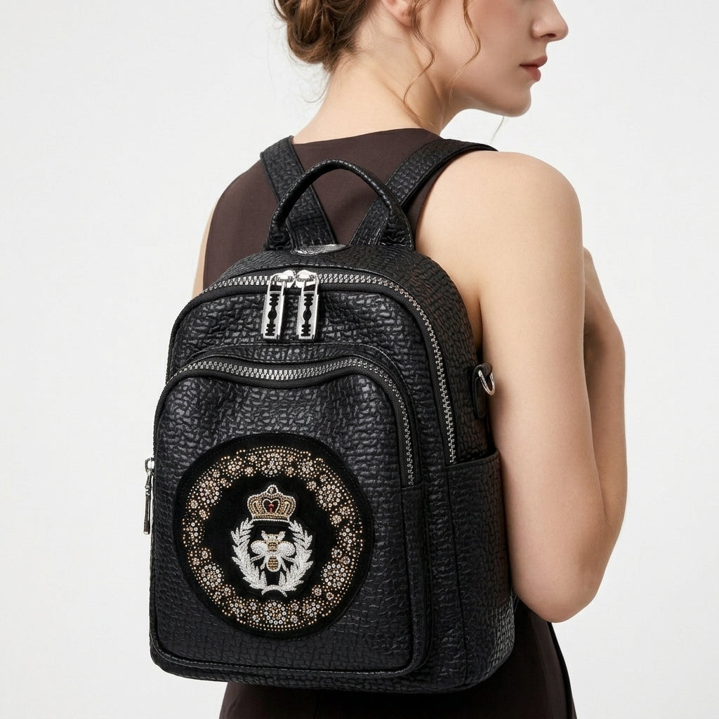 Jingpin XSJ Textured Crown Bee Emblem Backpack