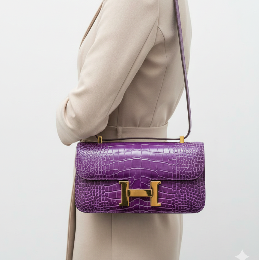 Hermès Constance Elan Shoulder Bag in Purple Croc 💜✨👜