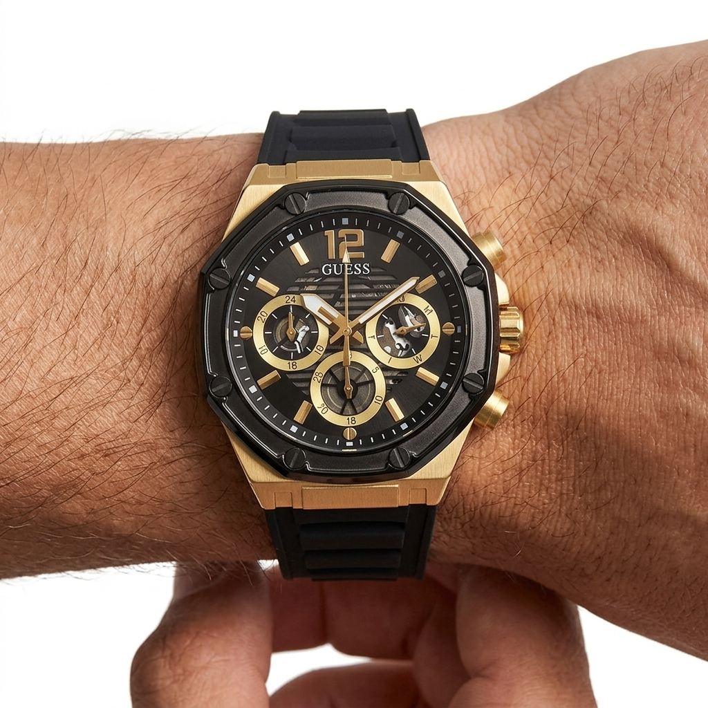 Guess Black & Gold-Tone Rubber Watch 🖤💛