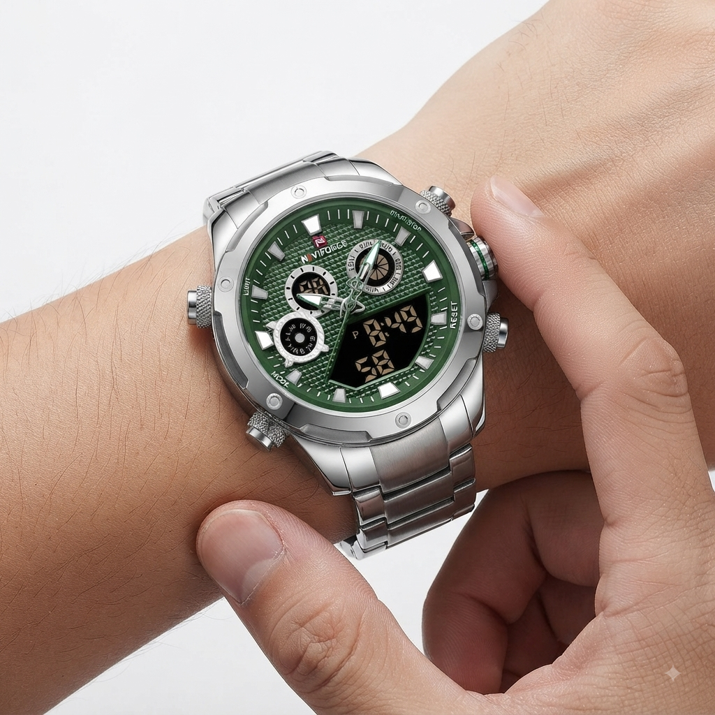 NAVIFORCE Silver and Green Dual Display Stainless Steel Watch