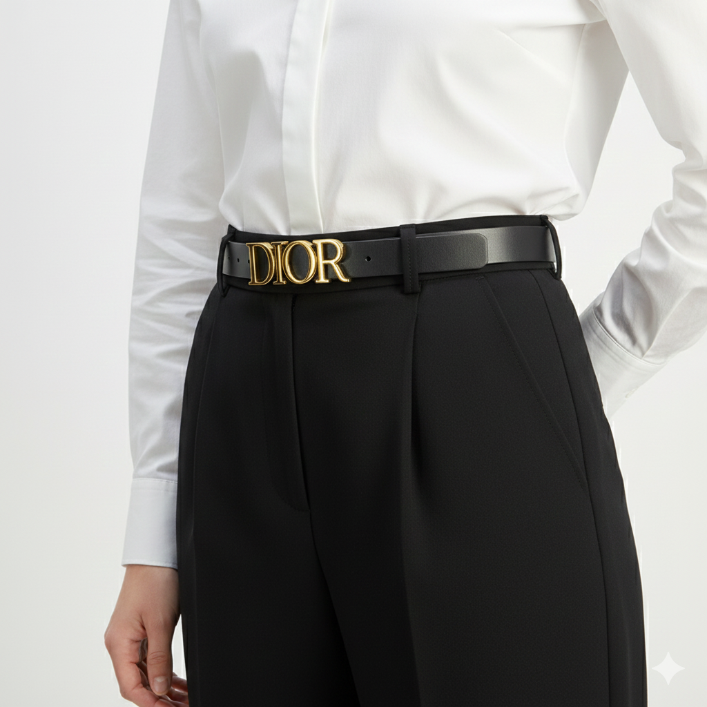 Christian Dior Women's Black Leather Belt with Gold Logo Buckle 🖤✨👑