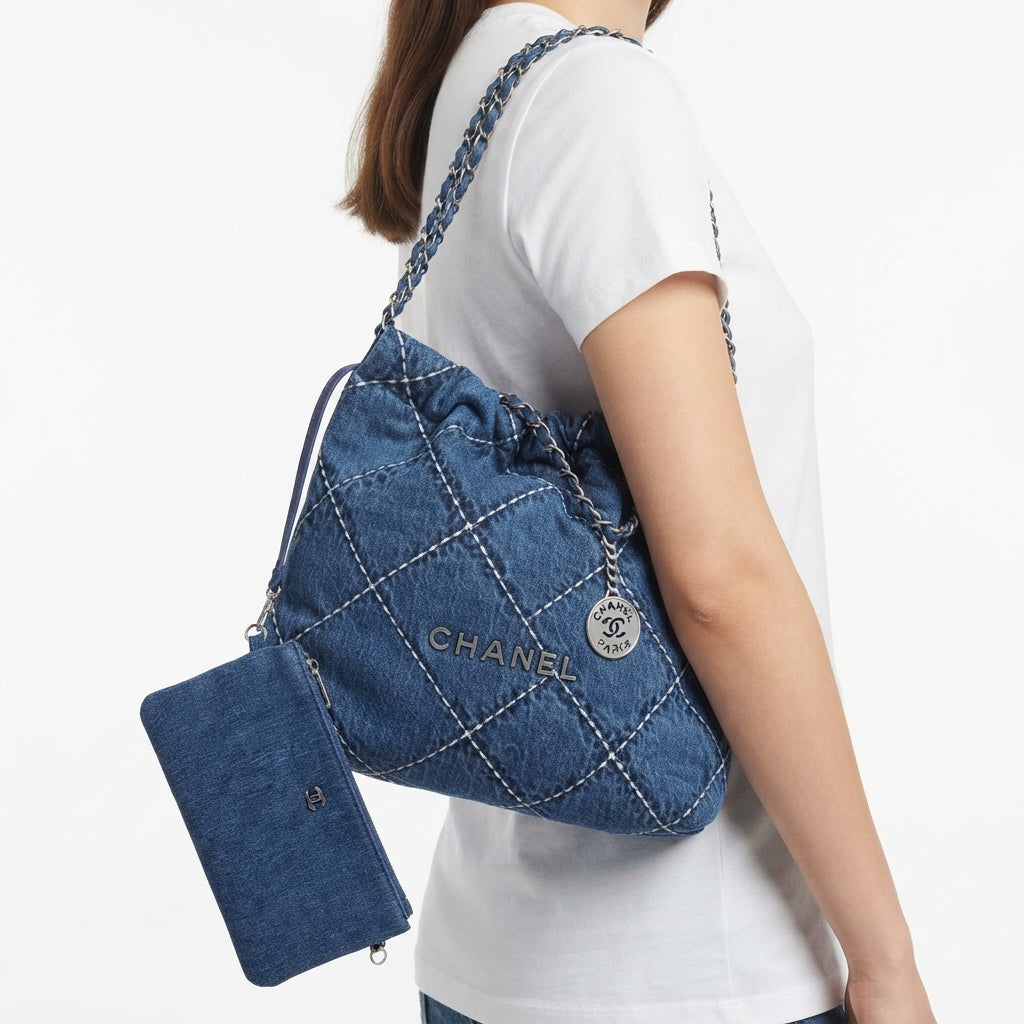 Chanel Quilted Denim Tote Bag with Matching Pouch